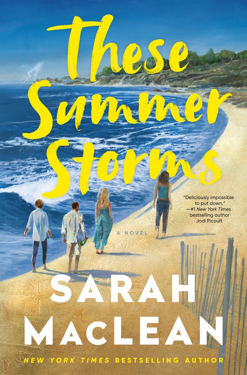 Cover of These Sumemr Storms by Sarah MacLean. There are four people walking along the coast of an island, with waves about to the hit the sand. There is a green landscape in the background.