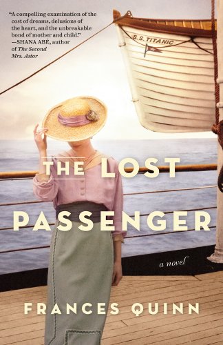 The Lost Passenger by Frances Quinn book cover. A woman in a pink top and green skirt holding her hat on a boat that's sailing on the ocean.
