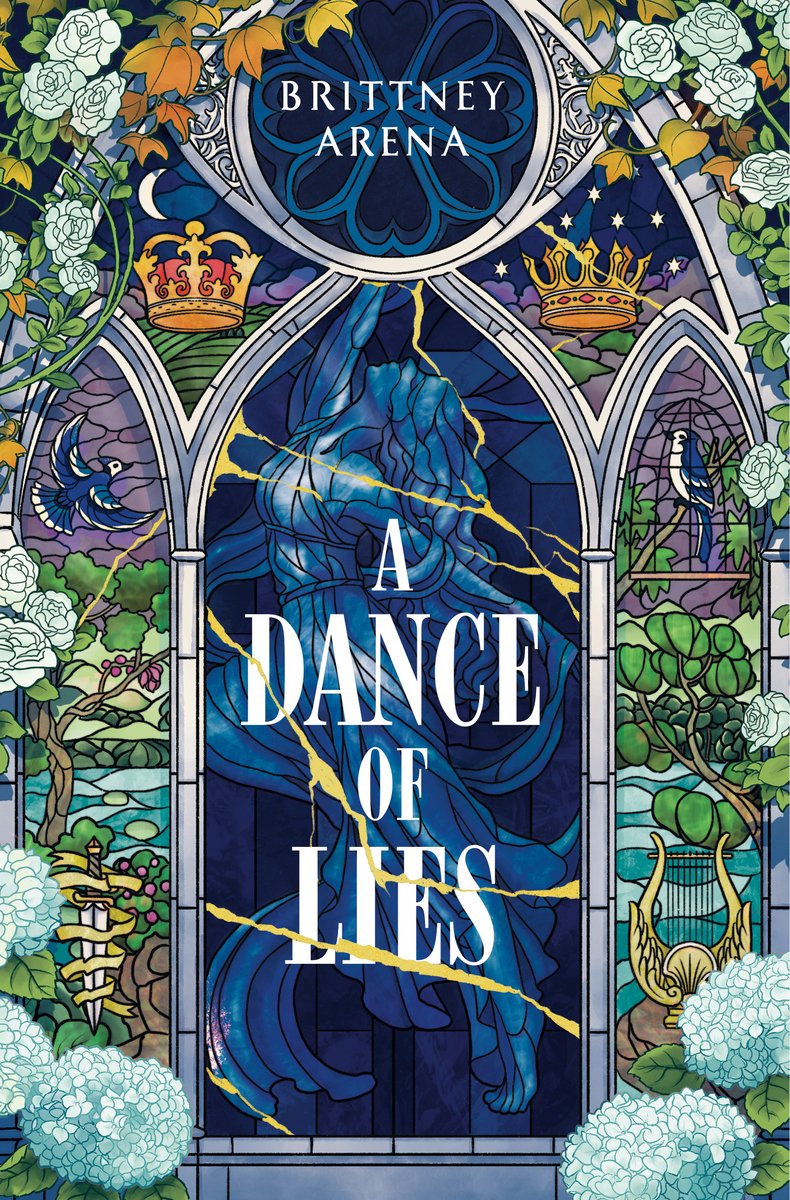 The cover of A Dance of Lies, an adult fantasy debut, features an illustrated stained glass window depicting a dancing woman tapers to a point at the top. Colorful stained glass windows surround the center window flowers surrounding the glass.