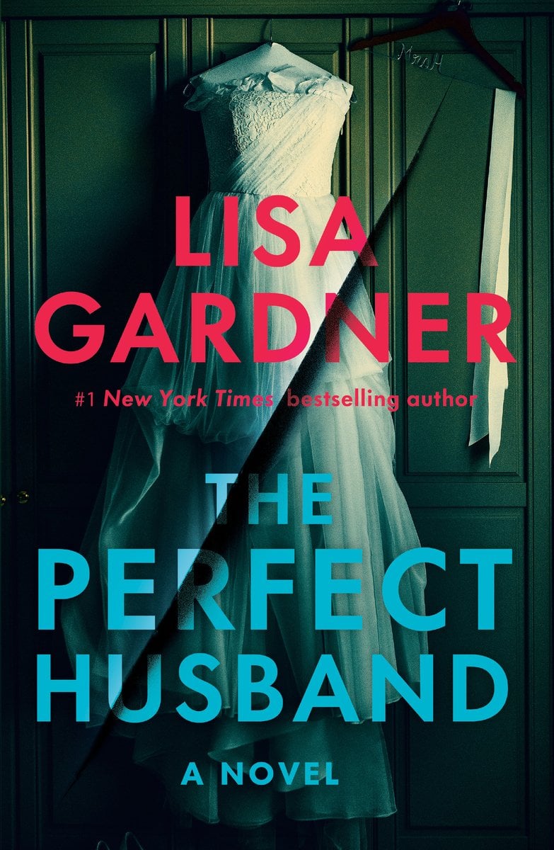 Cover of The Perfect Husband by Lisa Gardner. Greenish tint over everything. There is a white wedding dress against a closet. A rip is going diagonal down the center.