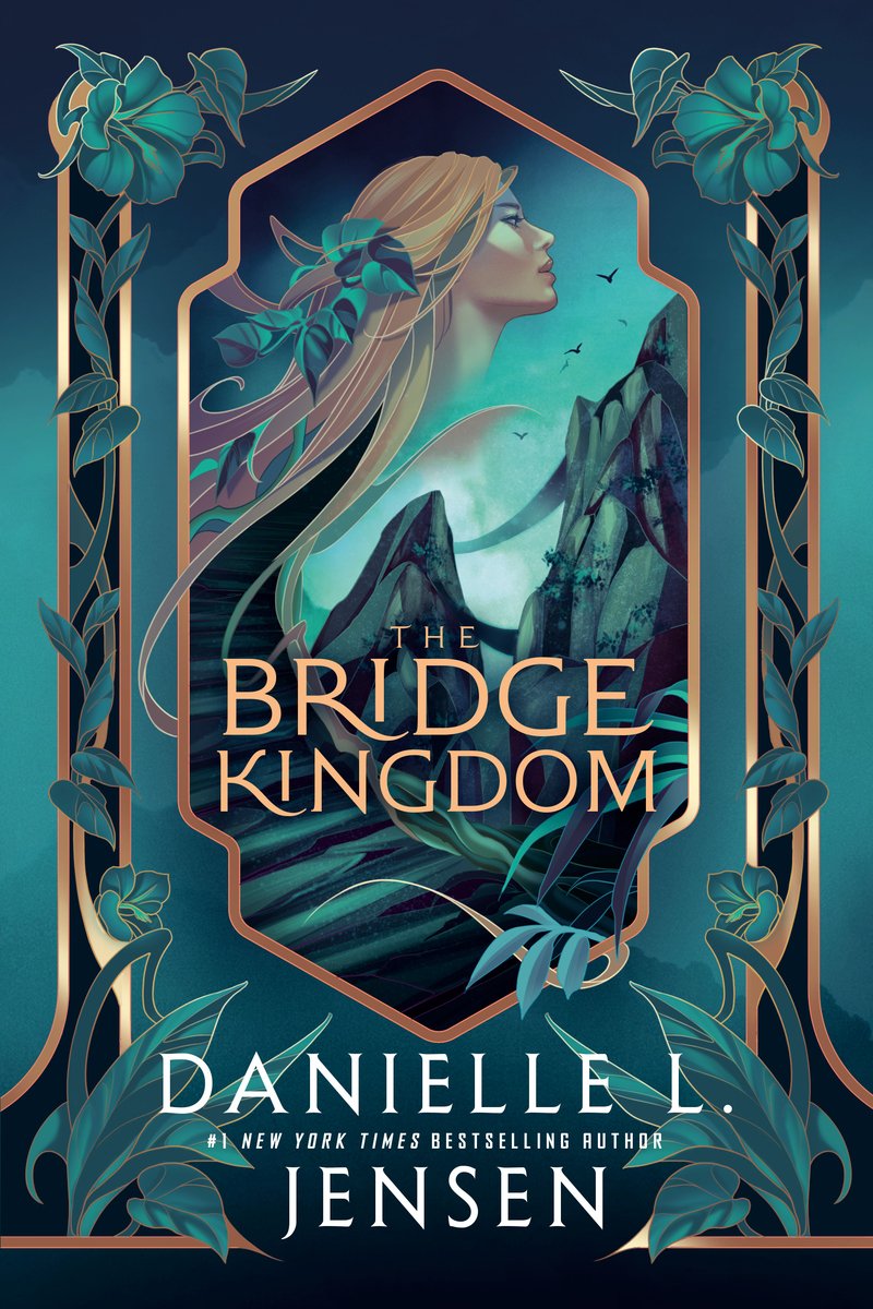 The cover for The Bridge Kingdom by Danielle L. Jensen is dark green with gold adornments. Dark green plants grow out of various places in the cover and in the center, a young girl with long blonde hair with a green flower in it blends into the green-tinted mountains.