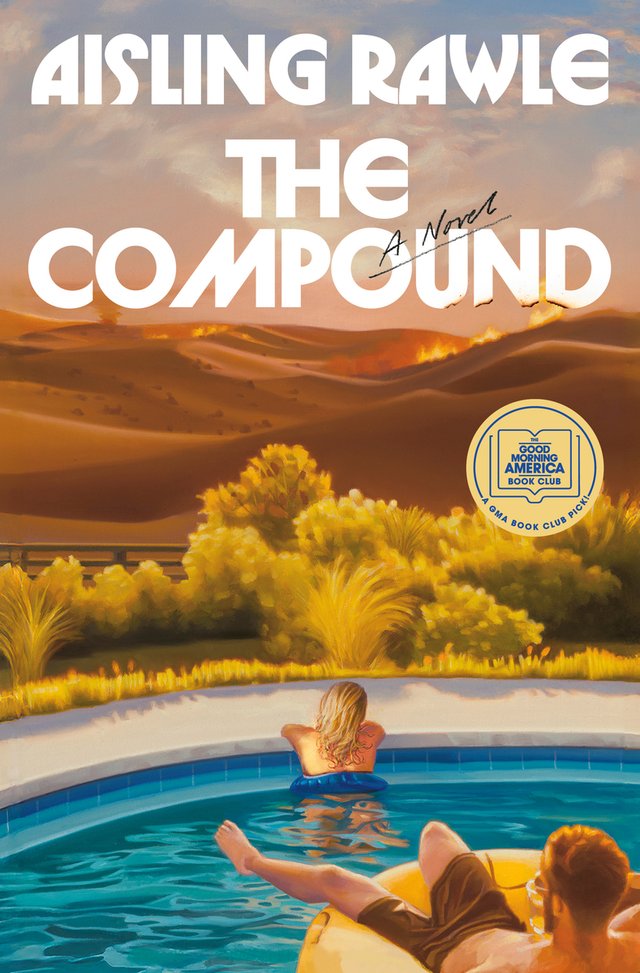 an illustration of a blond woman with her back facing us in a pool looking out to a desert on fire and a man in swim trunks in the corner in a inner tube