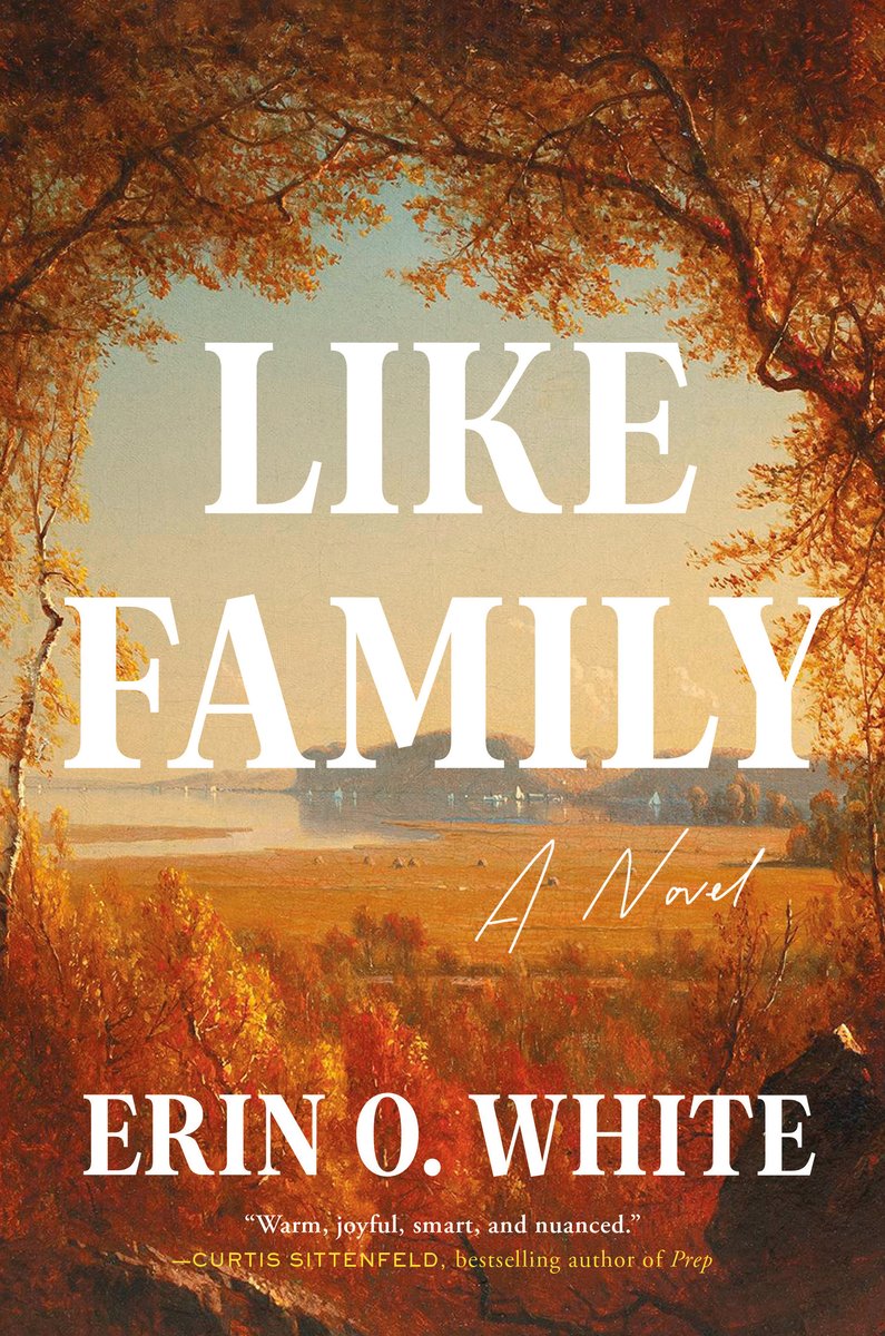 A cover of Like Family by Erin O. White. There is farm framed by autumnal woods. The book title is in the middle and in white.