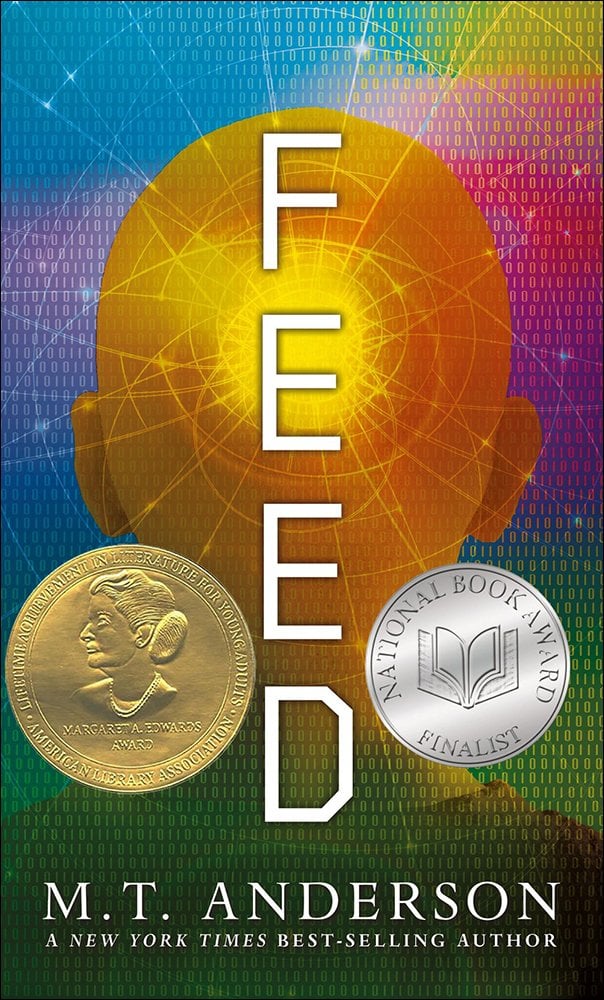 The Feed by MT Andersen book cover. With a multicolored background, the back of a human head is outlined in a faded orange color.