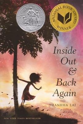 Inside Out & Back Again by Thanhhà Lai, a children's book about immigration book cover depicting the silhouette of a girl standing by a tree facing a pink sky.