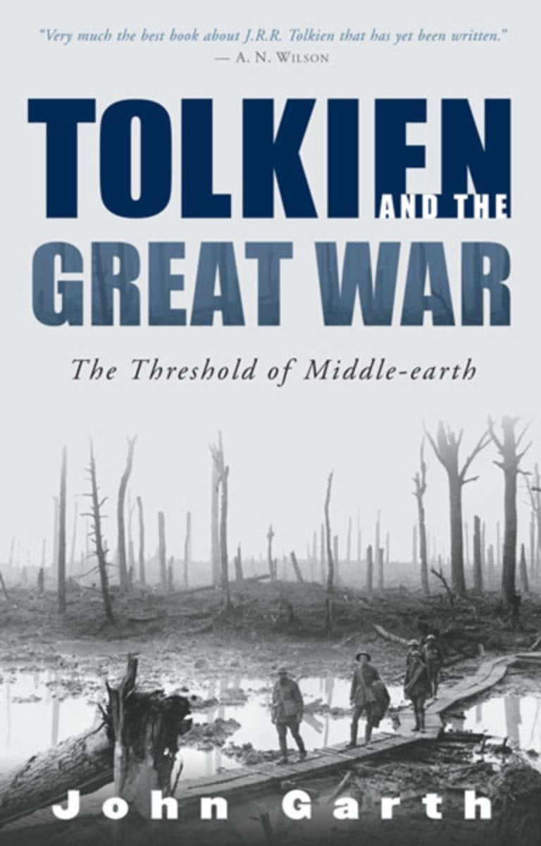 The cover of Tolkien and the Great War. There is a black and white photo of soldiers crossing over a muddy stream via some narrow wooden planks. Behind them is a forest of dead trees and destruction.