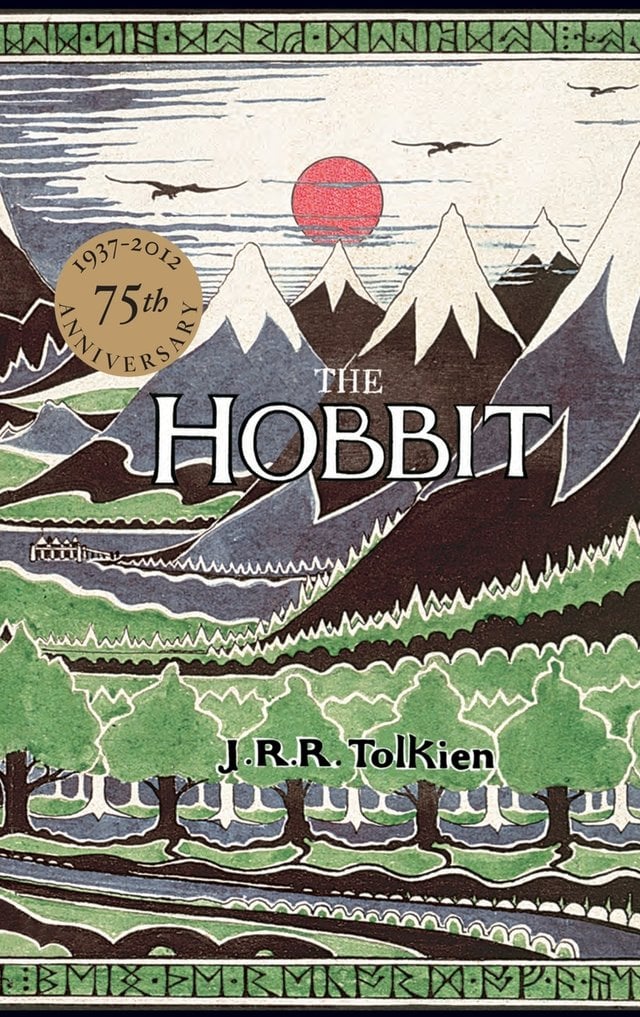 The Hobbit by J. R. R. Tolkien book cover. In a light green and grey watercolor combination, a path is depicted at the bottom, then trees, then sharp, snow-capped mountains rise up into a cloudy sky with a red sun and three large birds flying off into the distance.