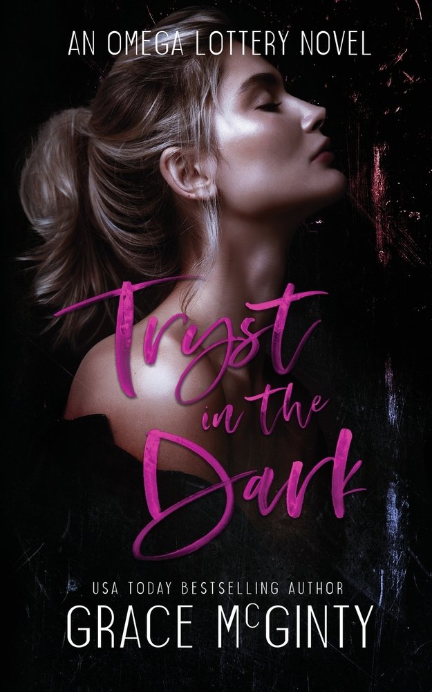 Tryst In The Dark by Grace McGinty an omegaverse book cover depicting a woman in side profile with her chin tipped up and eyes closed on a dark bavkground.