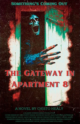 The Gateway in Apartment 8 by Chisto Healy. A vintage red, green, and white image of a skeletal, somewhat fleshy figure coming out of a closet door.
