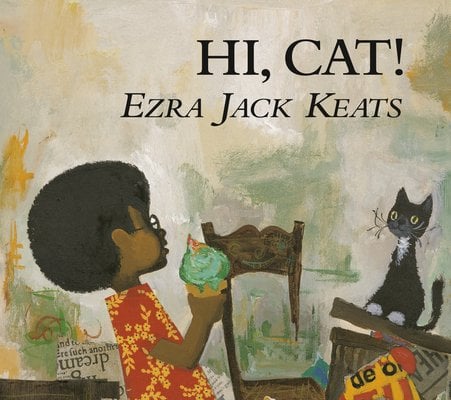 Book cover of "Hi, Cat!" by Ezra Jack Keats, featuring a dark-skinned boy with an afro eating a greenish ice cream cone smiling at a black and white tuxedo cat who is sitting on a garbage can.
