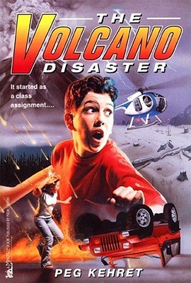 The Volcano Disaster by Peg Kehret middle-grade book cover depicting a young boy looking shocked toward the right side of the cover with a helicopter flying in the background. In the foreground, there's a young girl shielding her head from raining fire with a red vehicle overturned in front of her.