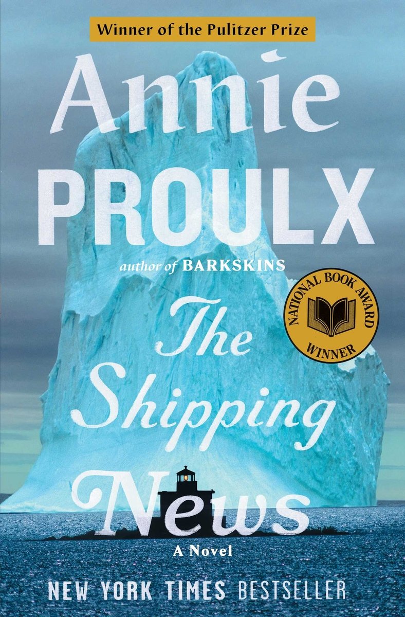 The Shipping News by Annie Proulx book cover depicting a large iceberg sticking out of the sea and a small shadowed lighthouse in front of it.