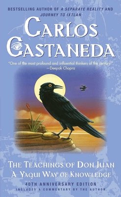 The Teachings of Don Juan: A Yaqui Way of Knowledge by Carlos Castaneda book cover. A black crow is perched on a layered rock and looking back over its shoulder. A cattail grows in the background in front of an indigo sky with the sun nearly setting.