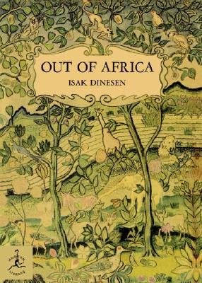 Out of Africa by Isak Dinssen book cover depicting ornate trees and hills.