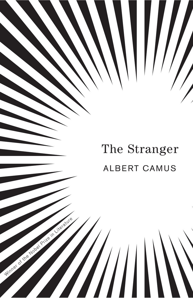 The Stranger by Albert Camus, a novel. The cover is black and white, consisting of black stripes that stop toward the middle, and the title and author in the blank space.