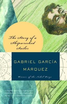 The Story of a Shipwrecked Sailor by Gabriel García Márquez, book cover. Green and blue background drawn, portraying the slight appearance of a male head on the left side of the cover.