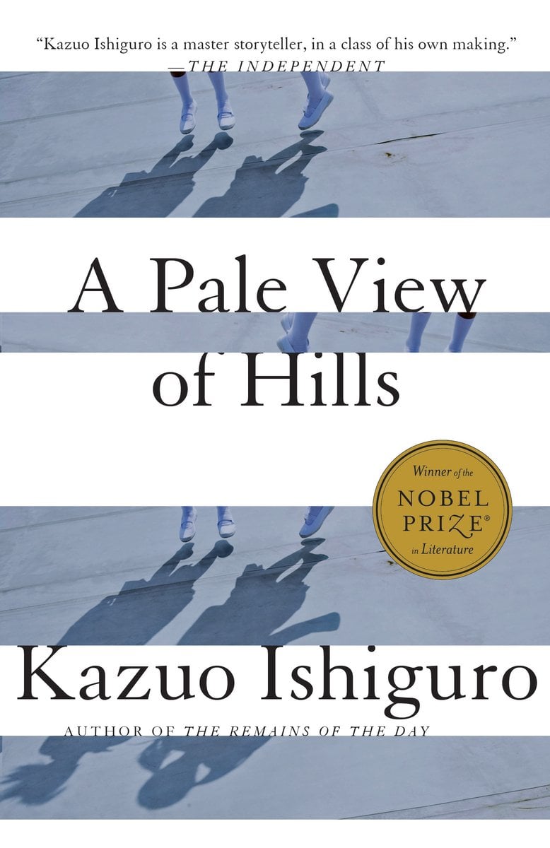 A Pale View of Hills by Kazuo Ishiguro, book cover depicting two shadowy figures behind the title.