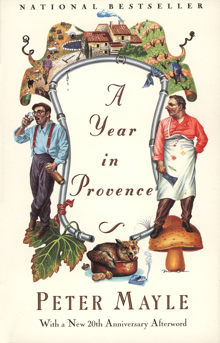 A year in Provence featuring two men on either side of the title, a homestead above, and a fox at the bottom.