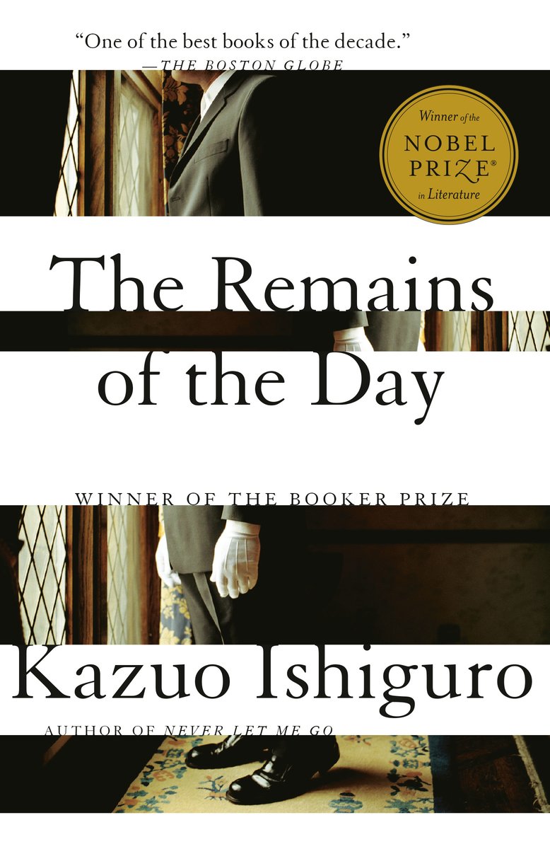 The Remains of the Day by Kazuo Ishiguro. Stripes of white that make the title and author text visible cut through an image of a man in a nice suit looking out a window.
