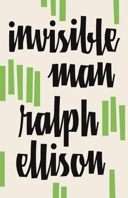 The book cover of Invisible Man by Ralph Ellison (featuring the title and green swiggles on a cream colored background). The title and author name are all the same font, size, and color (black).
