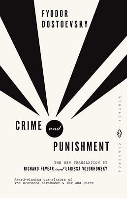 Cover of "Crime and Punishment" by Fyodor Dostoevsky, featuring a dark design with the title in bold letters.