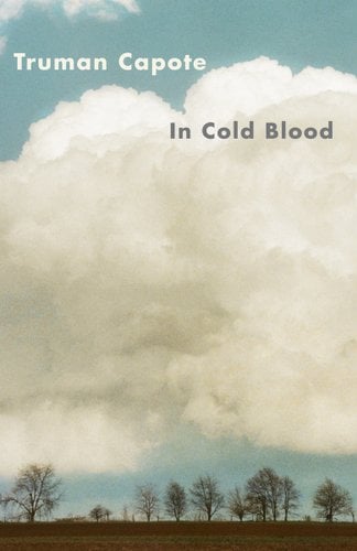 In Cold Blood cover by Truman Capote, blue sky with giant clouds over a landscape of trees.