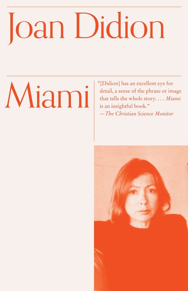 A portrait of Joan Didion in an orange hue. The background is a light peach color.