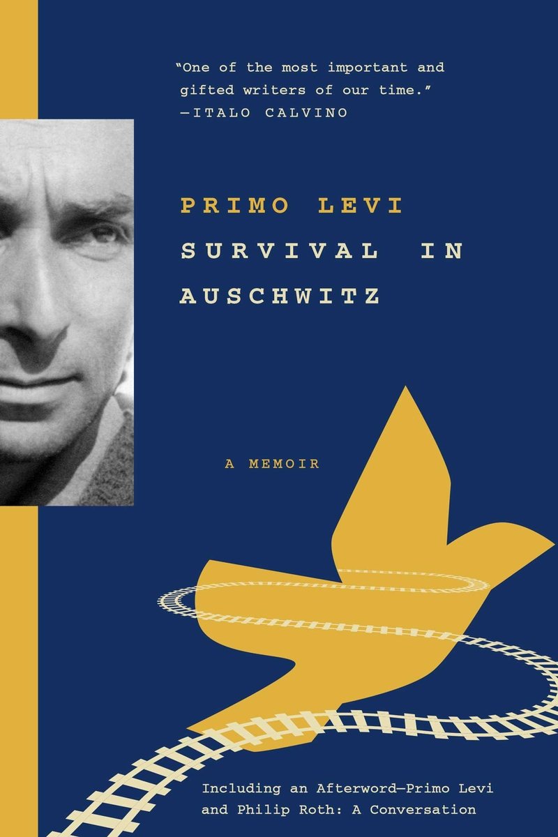 A photo of Primo Levi peeks through the left side while a yellow bird with train tracks coming out of it sits on the bottom of the cover in front of a blue background.