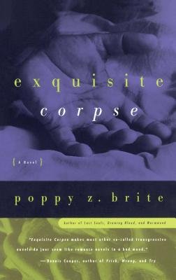 Exquisite Corpse by Poppy Z. Brite. Top to bottom: Purple, dark navy, and lime green at the bottom. The top part has a hand softly touching light sheets with the back of a hand and has a purple filter.