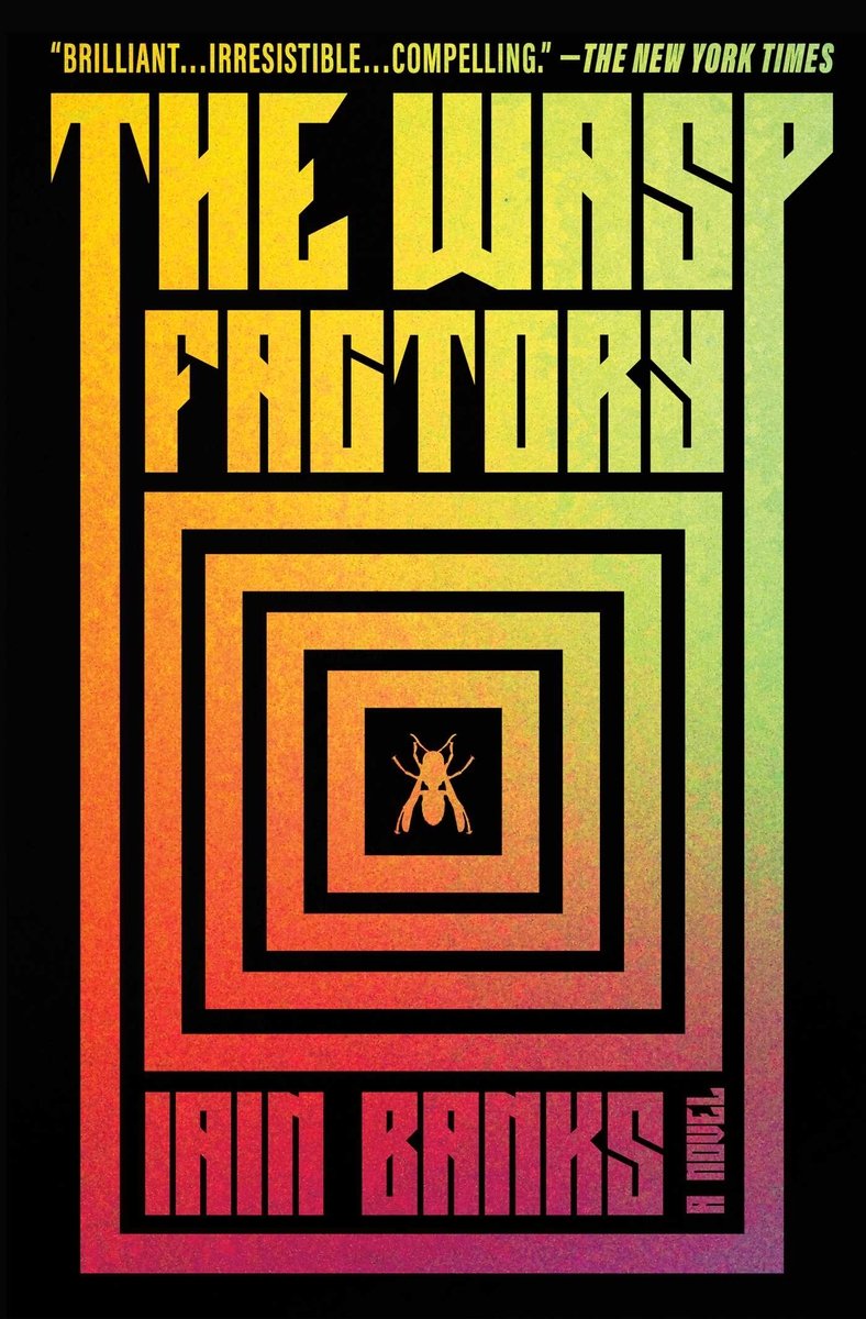 Book cover of 'The Wasp Factory' by Iain Banks. Bordered at the top and bottom in white is the title and author in hazy black text. In the center of the cover is two moths facing outwards in an orange hue.