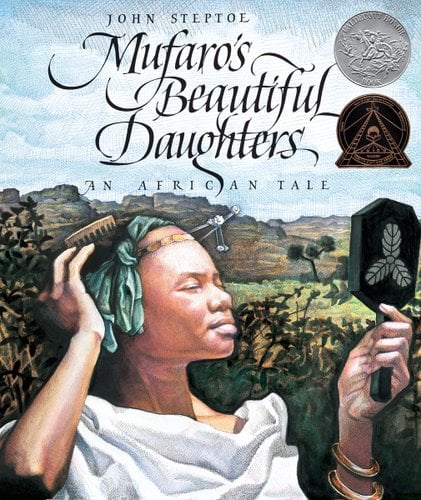 A young Black girl stands in the foreground looking in a mirror. She is wearing a green hair scarf with a comb and white cloth. In the background lies a luscious green grass and mountains. The title sits above the landscape scene in black calligraphy lettering. The author's name is above the title in small, black letters.