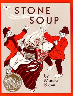Book cover shows three people cooking around large boiling pot, titled Stone Soup.