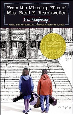 "From the Mixed-Up Files of Mrs. Basil E. Frankweiler" book cover with a young girl and a young boy in color holding various items looking at black and white stairs and a black and white building.