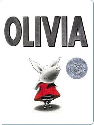 Olivia by Ian Falconer. An illustration of the character Olivia the pig in a red dress and stripy stockings stands beneath bold title text, with a white background.