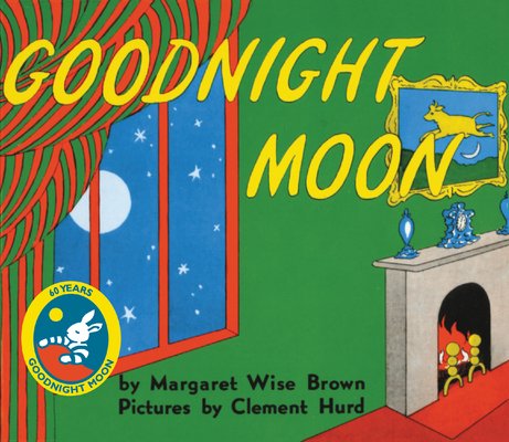 Goodnight Moon by Margaret Wise Brown, Illustrated by Clement Hurd, book cover. A room with green wallpaper, red and green striped curtains, a fireplace with a painting on top, and a night sky showing out the window.