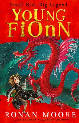 A young child fighting a large, red dragon with smoke coming out of its mouth.