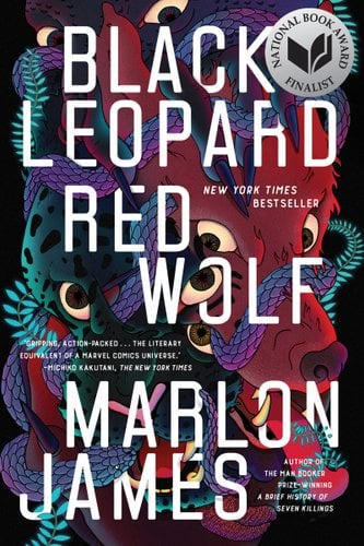 Book cover of Black Leopard, red wolf by Marlon James. Colourful image of the faces of a leopard and red wolf intertwined