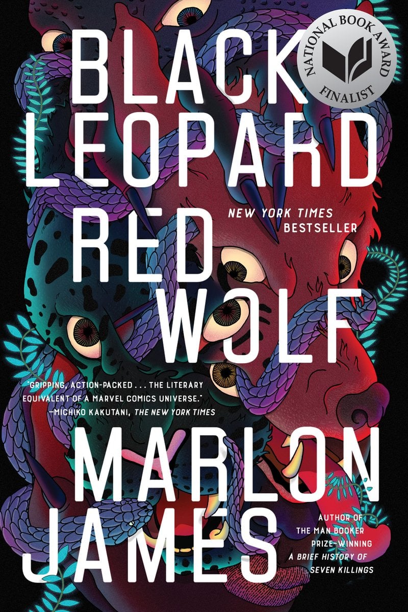 Black Leopard, Red Wolf by Marlon James book cover depicting a world, an illustrated leopard entangled with a snake and green leaves on a black background.