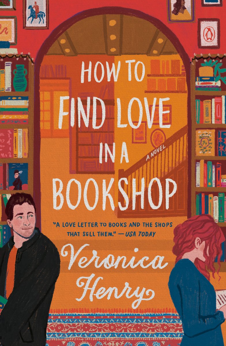 Cover of "How to Find Love in a Bookshop" by Veronica Henry. A bookshop covers the background with a man looking at a red haired woman, who isn't looking back at him.