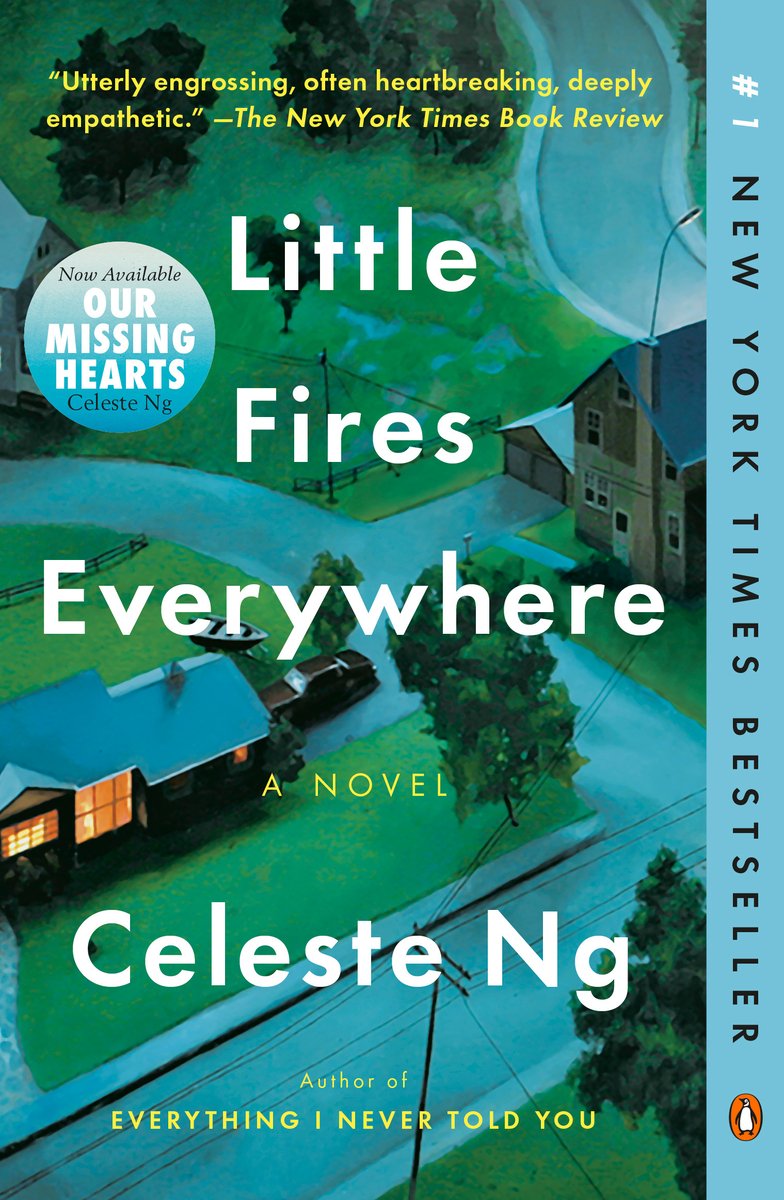 Little Fires Everywhere by Celeste Ng, a fictional book cover featuring a neighborhood with winding roads, trees, green grass, and two suburban-style houses.