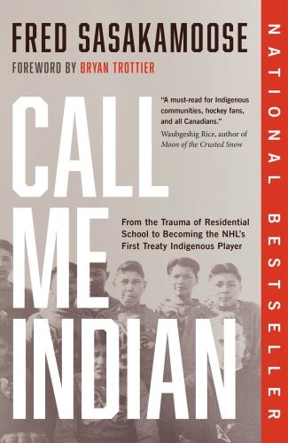 Call Me Indian by Fred Sasakamoose. It is a black-and-white photo of a group of young Native American boys. It looks like it could be a photo taken of students at a residential school.