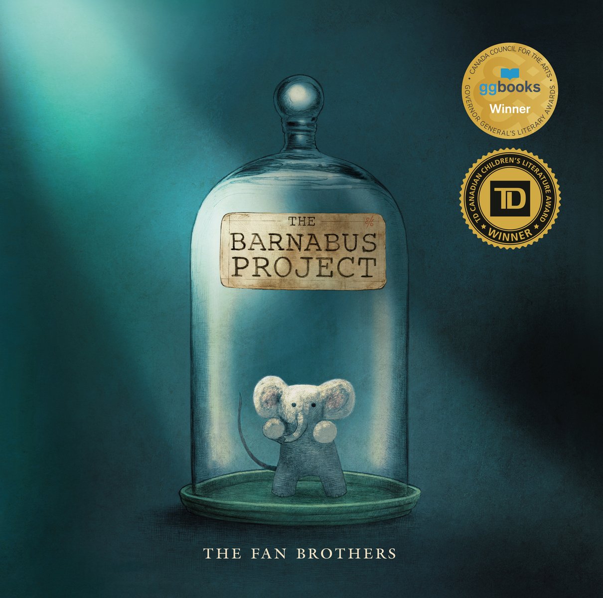 Book cover of "The Barnabus Project" by The Fan Brothers, featuring a small gray creature that is half-mouse and half-elephant pressing his forepaws against the inside of a glass bell jar; the sign on the bell jar is the book's title, the surrounding area is a dark void.