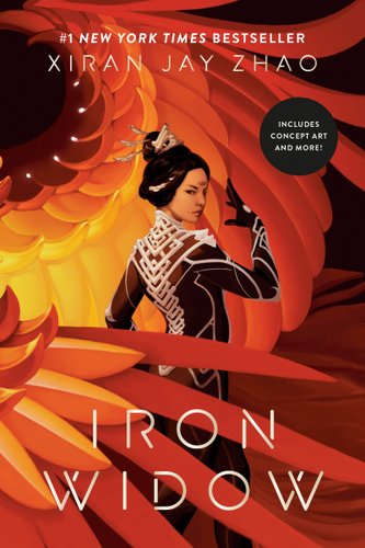 Iron Widow by Xiran Jay Zhao book cover. A woman in fantasy armor poses amount red, orange, and yellow feathers on a mystical creature.