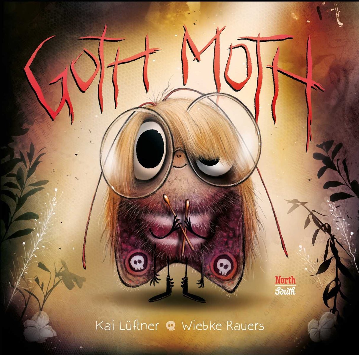 Book cover of Goth Moth by Kai Lüftner, Illustrated by Wiebke Rauers, Translated by Tim Mohr, featuring a red and black moth with skulls on its wingtips, wearing large round glasses and with long, straight blond hair, clutching a pair of drumsticks to its chest.