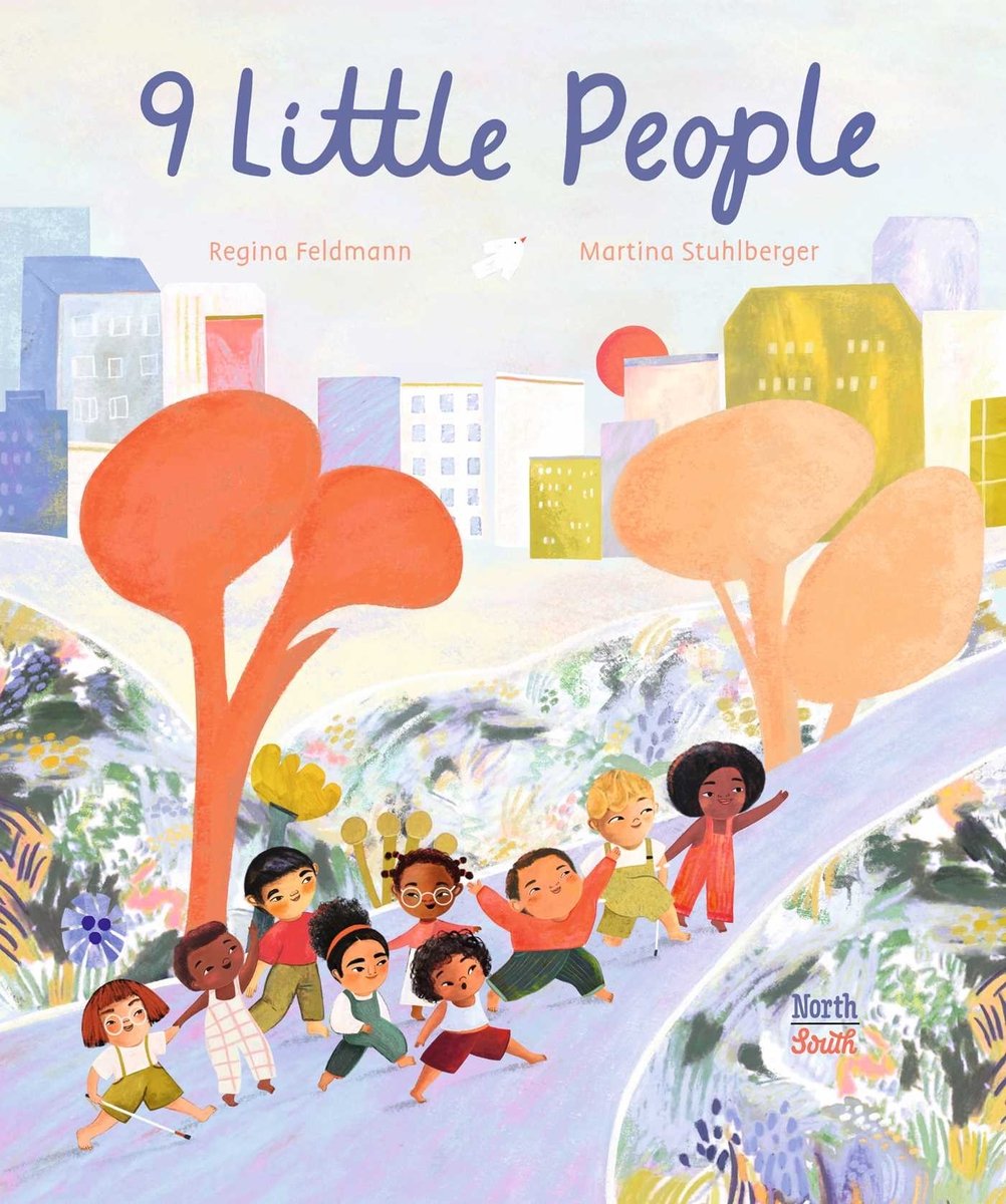 9 Little People by Regina Feldmann, illustrated by Martina Stuhlberger. A group of nine children walk together down a road lined with colorful trees and plants, and a cityscape in the background.