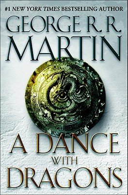 A Dance With Dragons by George R.R. Martin, a fantasy book cover featuring a light grey textured background similar to a wall. In the center is a green, weathered, and circular metal dragon sigil.