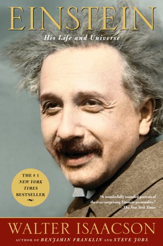 Book cover of Einstein: His Life and Universe with Albert Einstein looking forward with a small smile in a beige suit with a gray background and a red border at the bottom and all words in gold letters.