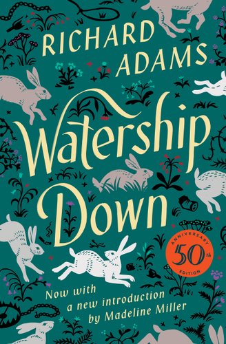 "Watership Down" by Richard Adams book cover of the countryside and a blue sky. A rabbit is placed before an open wooden fence.