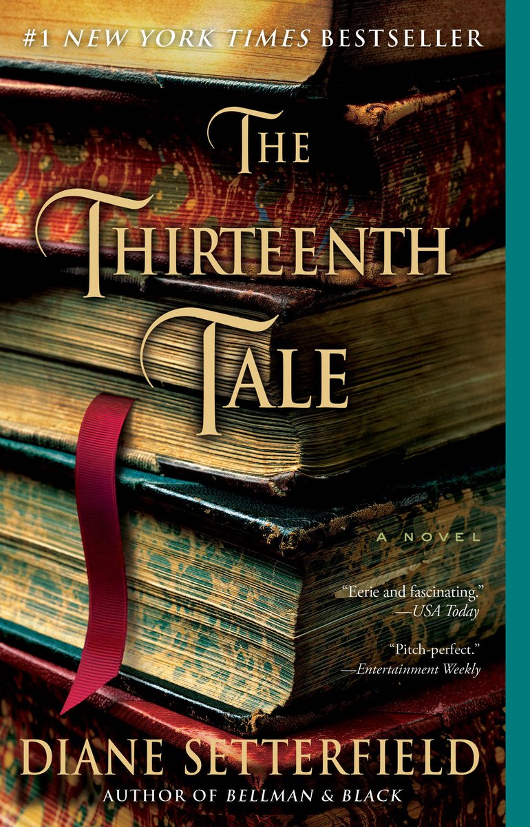 The Thirteenth Tale by Diane Setterfield book cover featuring a stack of antique books with ornate, worn spines in rich jewel tones and a burgundy bookmark ribbon. The gothic novel's title appears in elegant gold lettering across the weathered volumes, with "#1 New York Times Bestseller" displayed at the top.