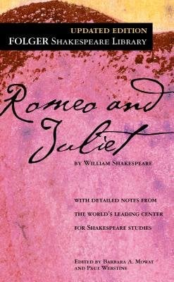 "Romeo and Juliet" book cover, pink background with a cursive title